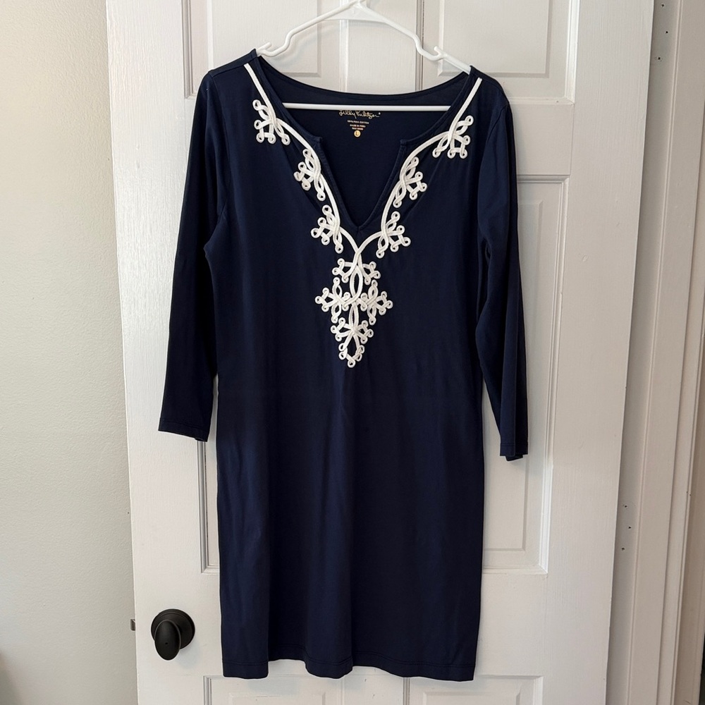 Lilly Pulitzer Navy Dress with White Embroidered V-Detail